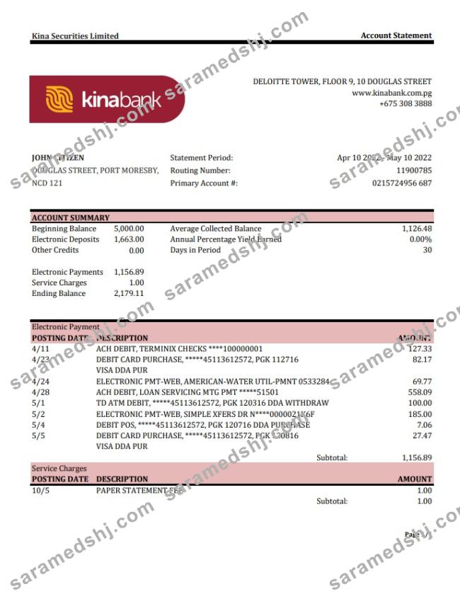 Papua New Guinea Kina Securities Limites bank statement